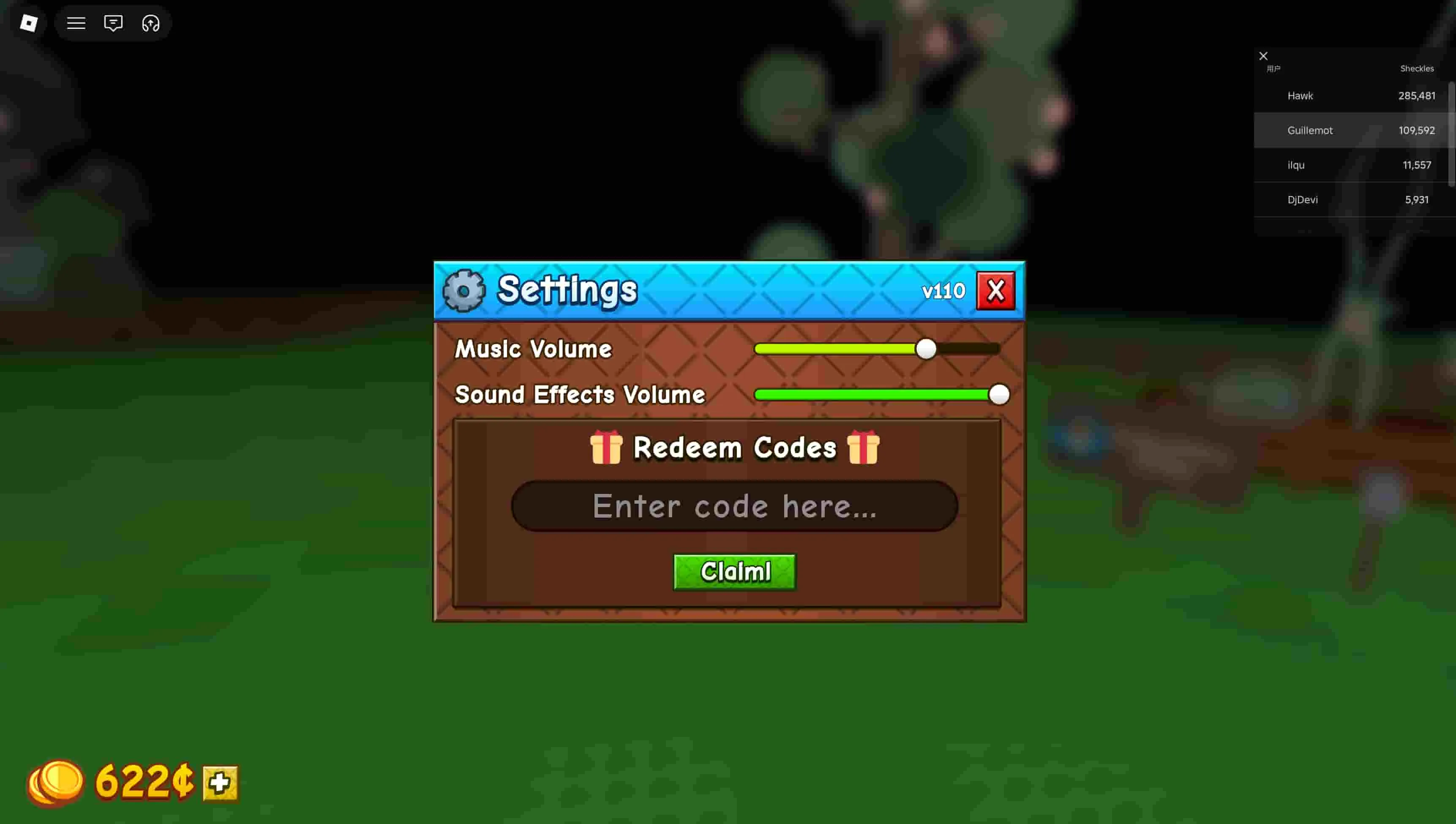 Grow a Garden 2 codes redeem screen with Enter code here text box and Claim button