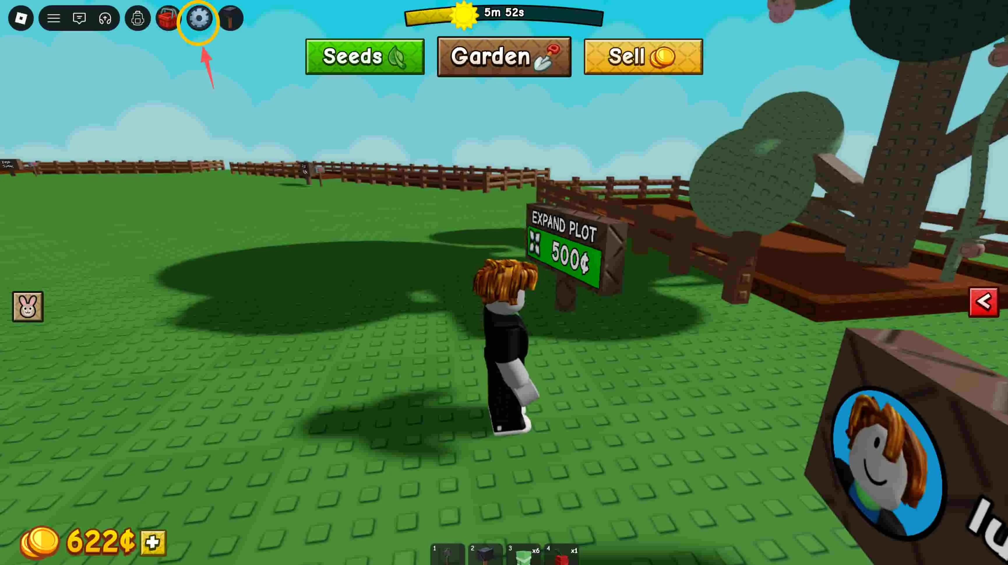 Grow a Garden 2 codes settings gear icon highlighted in the top-left corner